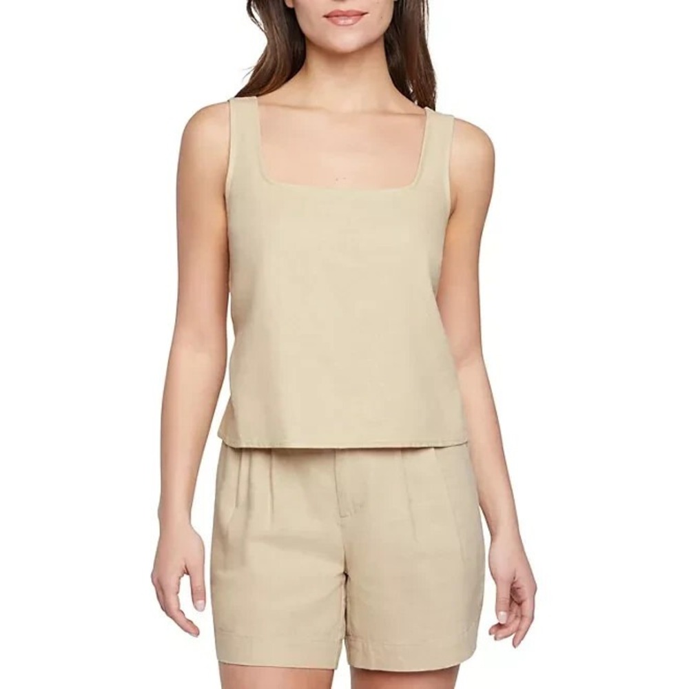 Express Womens Linen Blend Square Neck Crop Tank Top Cream XS